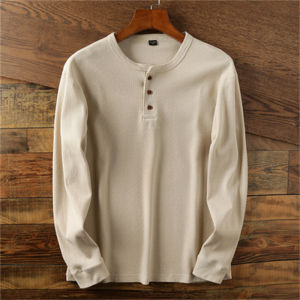 American Style Button up Knitted Long Sleeve Casual T-Shirt Mens Loose Fit Solid Color Henley Neck Base Shirt Autumn Wear