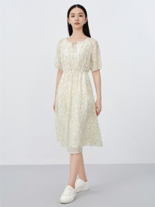 Juzi Annako Summer Floral Print Belted Lightweight Dress Womens mid Waist Gown X Version Short Sleeve round Neck a Line Skirt