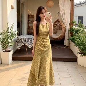 XUECAIQI | Resort Style Yellow Check A-line Maxi Dress