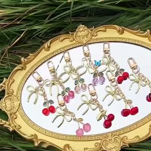 Red Cherry Keychain Chain Bowknot Charm Pendant Keyring Jewelry For Girl Women Gift Bag Decoration