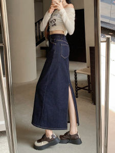 กระโปรงยีนส์ทรงตรงเอวสูง กระโปรงทรงเอยาวปานกลางสำหรับผู้หญิง ฤดูใบไม้ร่วง 2024 ทรงเข้ารูป สไตล์ย้อนยุค กระโปรงทรงเอ