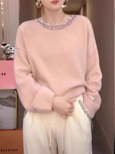 WANGGONGZHU | Heavyweight Wool Knitwear Womens Autumn Winter Inner Wear Soft Cozy Diamond Embellished Design Sensation Overhead Sweater