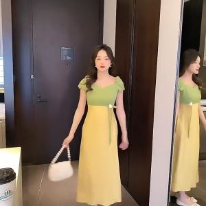 Muse French Vintage Hepburn Style Bubble Sleeve Color Contrast Patchwork Dress Summer New Style Light Mature Elegant Dress Long Skirt Dress for Women on Sale Casual Dinner Dress Korea Style Dress Women Fashion 2023 Elegant