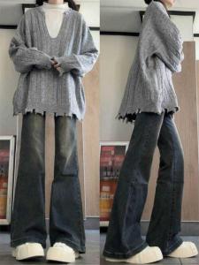 Retro Elastic Bell Bottom Jeans Womens High Waist Slimming Denim Pants Autumn Winter plus Size Cotton Stretch Fabric