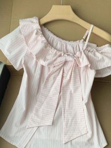 Áo Sơ Mi Nữ Tay Ngắn Kẻ Sọc Mùa Hè Thiết Kế Thắt Nút Bướm Ôm Vừa Vặn Phong Cách Đại Học Cổ Điển Thường Ngày