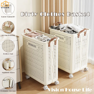 Vision Foldable Laundry Hamper Household Clothes Basket with Handle Bathroom Laundry Basket Movable Dirty Clothes Storage Rack with Wheel