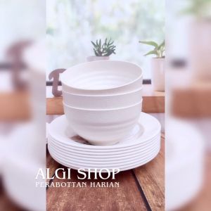 Promo (Gratis sendok) 6Pcs Paket ramen seat putih terlaris isi 3piring makan bulat campur 3mangkuk bulat bebas BPA