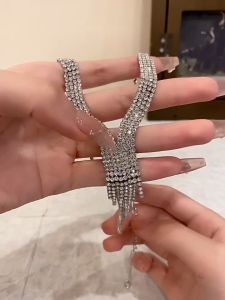 Jewelry Set Aksesoris Kalung Anting Rumbai Krystal Diamond Pesta Silver Wedding Earring Necklace Set