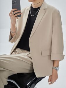 Casual Ice Silk Seven-Quarter Sleeve Suit Set for Men Thin Summer Business Casual Striped Pattern Single Button Closure Jacket