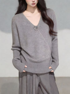QINGNAER | Plus Size Elegant Luxury Vintage Versatile Gray Embossed Flower Cross V-Neck Sweater
