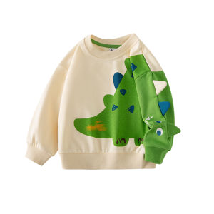 New Spring Childrens Dinosaur Print Sweatshirt round Neck Boys Fashionable Cotton Polyester Blend Comfortable Kids Top