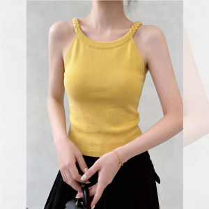 XIAMENGSHI | Áo Ngực Không Tay Cổ Sâu Lưng Dài Slim Knit Ngắn của Pháp