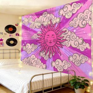 VIKAMA Pink Sun Face Cloud Wall Tapestry Purple Psychedelic Bohemian Center Visage Star Retro Groovy Hippie Aesthetic Decor Cozy