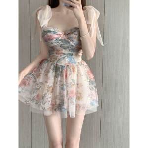 Conservative plus Size One Piece Swimsuit Womens Thermal Bathing Suit Pure Desire Style Floral Print No Sleeve Surfing Swimsuit