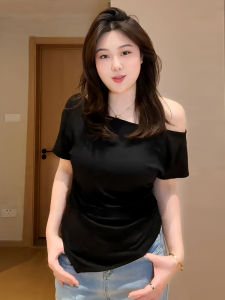 plus Size Womens T-Shirt Shoulder Bared Slim Fit Short Sleeve Asymmetrical Collar Summer New Style Korean Version Creative Pattern