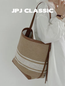 jpj | Large Capacity Canvas Tote Bag JPJClassic Womens Single Shoulder Shopping Bag Casual Striped Commuting Bag Trendy Lazy Style