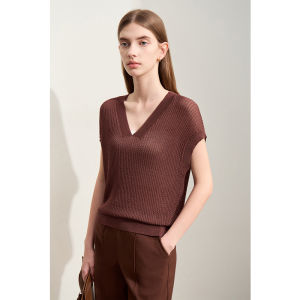 Amii Summer New Minimalist Solid Color Linen Knitted Short Sleeve V-Neck Slimming Knitwear Shoulder-Connected Casual Top