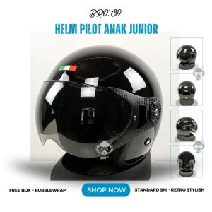 HELM PILOT RETRO ITALY ANAK ANAK JUNIOR HALF FACE HITAM BLACK GLOSSY STANDARD SNI PREMIUM BROKIDS BRO.CO UNTUK LAKI-LAKI DAN PEREMPUAN (COWOK-CEWEK) FULL LEHER FREE PACKING KARDUS DAN BUBBLEWRAP MURAH