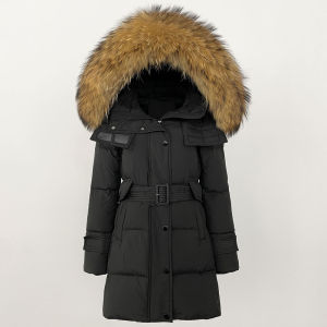 Áo Khoác Phao Nữ Có Mũ Lông Thú Thật Dày Dặn Ấm Áp Màu Trắng Lông Vũ Vịt Có Dây Điều Chỉnh Eo Cổ Lông Cáo/ Gấu Trúc Khóa Kéo