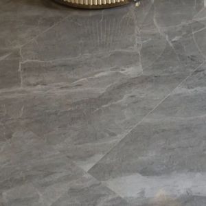 Meja Tamu Bulat Salur Lis Stainless Gold Top Marmer Krem