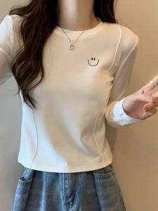 LINGLONGDAI | เสื้อยืดคอกลมแขนยาวทรงเข้ารูปผ้าฝ้ายแท้สีขาวสำหรับผู้หญิง ฤดูใบไม้ร่วง/ฤดูหนาว เสื้อชั้นในอเนกประสงค์ เสื้อชั้นในแบบมีฮู้ด