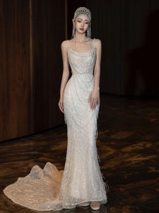 Elegant French Style Lightweight Wedding Dresses for Women with Pearls and Zipper Mid-Waist Fishtail Gowns for Engagement Parties