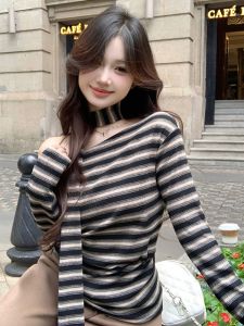 GUZILIAN | American Style Spicy Girl Sash Diagonal Striped Pleated Knitted Long Sleeve Womens T-shirt Design Sensation Slim Fit Shoulder Baring Top