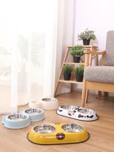 omt ชามสเตนเลส แบบคู่ สำหรับสัตว์เลี้ยง สูงสุนัข แมว สุนัขสดใส ถอดล้างทำความสะอาดได้ มีกันลื่น