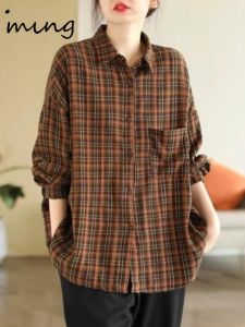 Retro Plaid Long Sleeve Cotton Linen Casual Womens Shirt Loose Slimming Summer Autumn Fashionable Button up Polo Neck