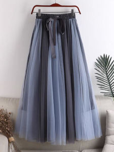 Spacious A-Line Skirt with Chintzy Mesh Underlay in Contrasting Color High-Waisted Slim Fit Casual High-Low Graduated Design