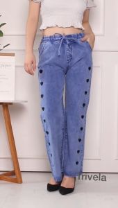 NouraFashion - Lovely Karet / Celana Kulot Jeans Tebal Love Bordir Wanita Pinggang Full Karet Tebal