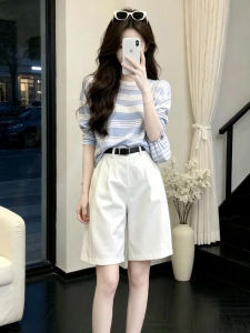 SUSIEYUAN | Trendy Blue and White Striped Womens Tee and Shorts Set
