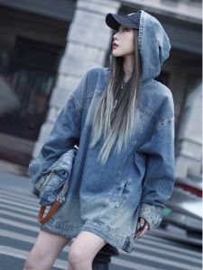 สไตล์ฮ่องกงย้อนยุคสวมใส่สีน้ําเงิน มีฮู้ด เดนิม เสื้อแจ็คเก็ต Early ฤดูใบไม้ร่วง ใหม่ ดีไซน์ แขนยาว เสื้อท่อนบน เกาหลี หลวม Fit Gradient