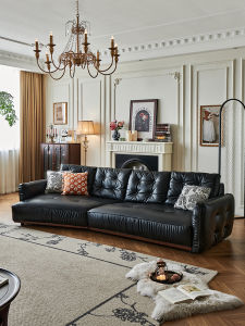 American Retro Black Leather Sofa Top Layer Cowhide Middle Century Living Room Irregular Shape Angle Sofa High Density Sponge