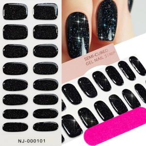 สติกเกอร์เจลกึ่งสำเร็จรูปสีดำกลิตเตอร์ 16Tips พร้อมตะไบเล็บ 1 ชิ้น แบบเต็มเล็บ ติดเองได้ ใช้กับยูวี/แอลอีดี