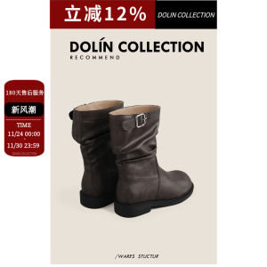 Dolin-H Western Style Mid-Calf Boot Womens Autumn Short Boot Slimming Stack Boot PU Material round Toe Chunky Heel Martin Boot