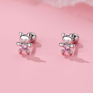 S925 Sterling Silver Pink Love Bear Screw Stud Earrings Girl Cartoon Fun Three-Dimensional Animal Ear-Caring Kids Ear Rings