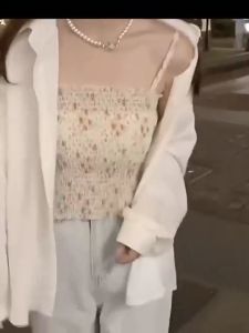 เสื้อแฟชั่นสายเดี่ยวสำหรับผู้หญิง เสื้อเชิ้ต+เสื้อสายเดี่ยว เสื้อแขนกุดลายดอกไม้ เสื้อแฟชั่นสายเดี่ยว