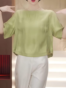 UYFY | Elegant Lightweight Green Round Neck Short Sleeve Blouse for Summer New High-End Minimalist Unique Design Loose Top