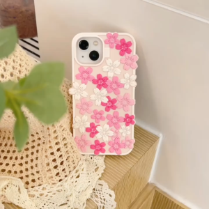 3D full screen pink and white cherry blossom silicone phone case for iPhone 13 14 15 16 17 Pro Max Soft silicone protective cover for iPhone17 case