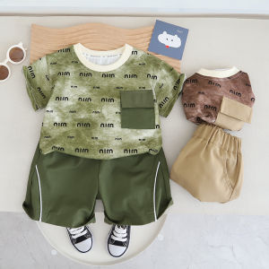 Summer baby boys set retro casual letter full printing short-sleeves shorts two-piece set cotton breathable childrens clothes suits