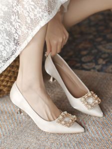 Champagne Color Wedding Shoes Womens Fashion Single Shoes Cat Heel Satin High Heels Pointed Toe Narrow Heel Maidsmaid Shoes