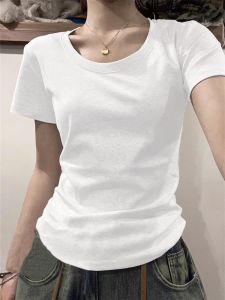 เสื้อยืดแขนสั้นทรงเข้ารูปสไตล์อเมริกันสำหรับผู้หญิงในช่วงฤดูร้อน เสื้อตัวบนทรงเข้ารูปสำหรับสาวๆ สไตล์สตรีทแฟชั่น