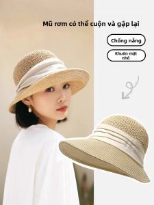 BILLI ZILLY | Womens Large Brim Straw Hat Summer New Style Beachside Sunscreen Foldable Wide Rim Hat Casual Round Top Cap For Travel And Beach