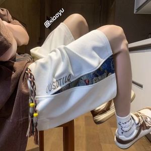 กางเกงขาสั้นชายผ้าไหมน้ำแข็งเย็นปักลายฤดูร้อนทรงหลวมสบาย ๆ กางเกงขายาวทรงตรงเอวยางยืด