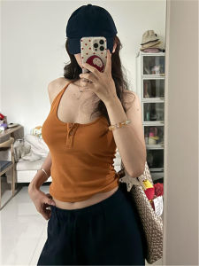 Áo Ba Lỗ Không Tay Màu Cam Phong Cách Mỹ Dành Cho Nữ Áo Ba Lỗ Cổ Tròn Ôm Vừa Vặn Có Đệm Ngực Áo Ba Lỗ Thường Ngày Mùa Thu