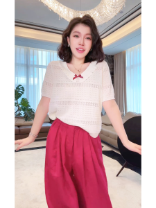 Fashionable Ice Linen Knitwear Meile Doll Shirt Tencel Lyocell Blend Slimming Texture V-Neck Short Sleeve Spring Summer Top