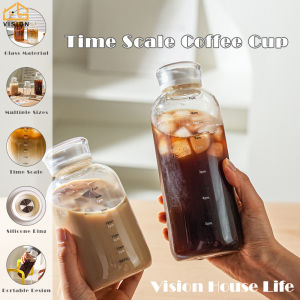 Vision 350ml/450ml/750ml Coffee Cold Brew Water Bottle Cup Glass Water Bottle With Straw Cold Brew Bottle With Time Scale Large Capacity Straw Cup