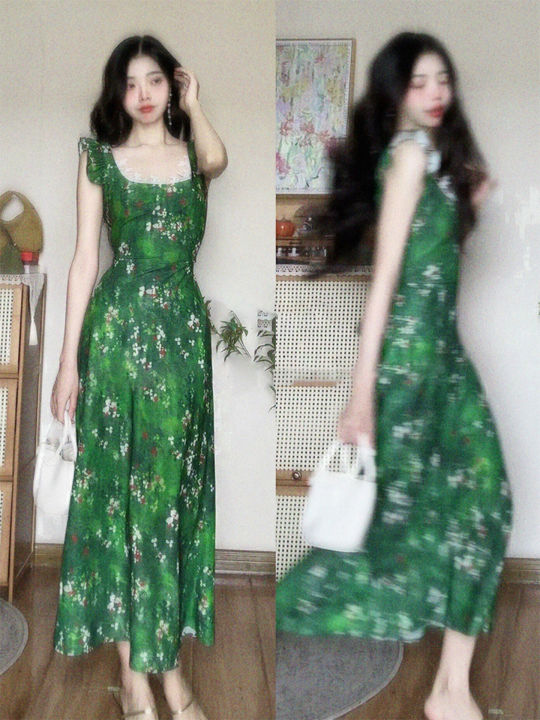 LIRUSHAN | Đầm Dài In Hoa Họa Tiết Hình Vuông Cổ Tròn Đẹp Màu Xanh Lá ...