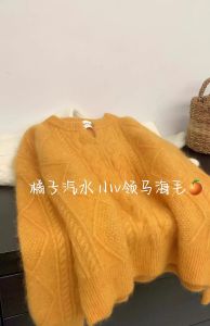 Orange V-neck Raccoon Velvet Cable-Knit Pullover Sweater Female Fall and Winter Dopamine Thickened Lazy Soft Glutinous Mohair Heavy Industry